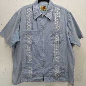 VTG‎ Genuine Haband Guayabera Shirt Mens XL Blue Pinstripe Short Sleeve Zip-Up